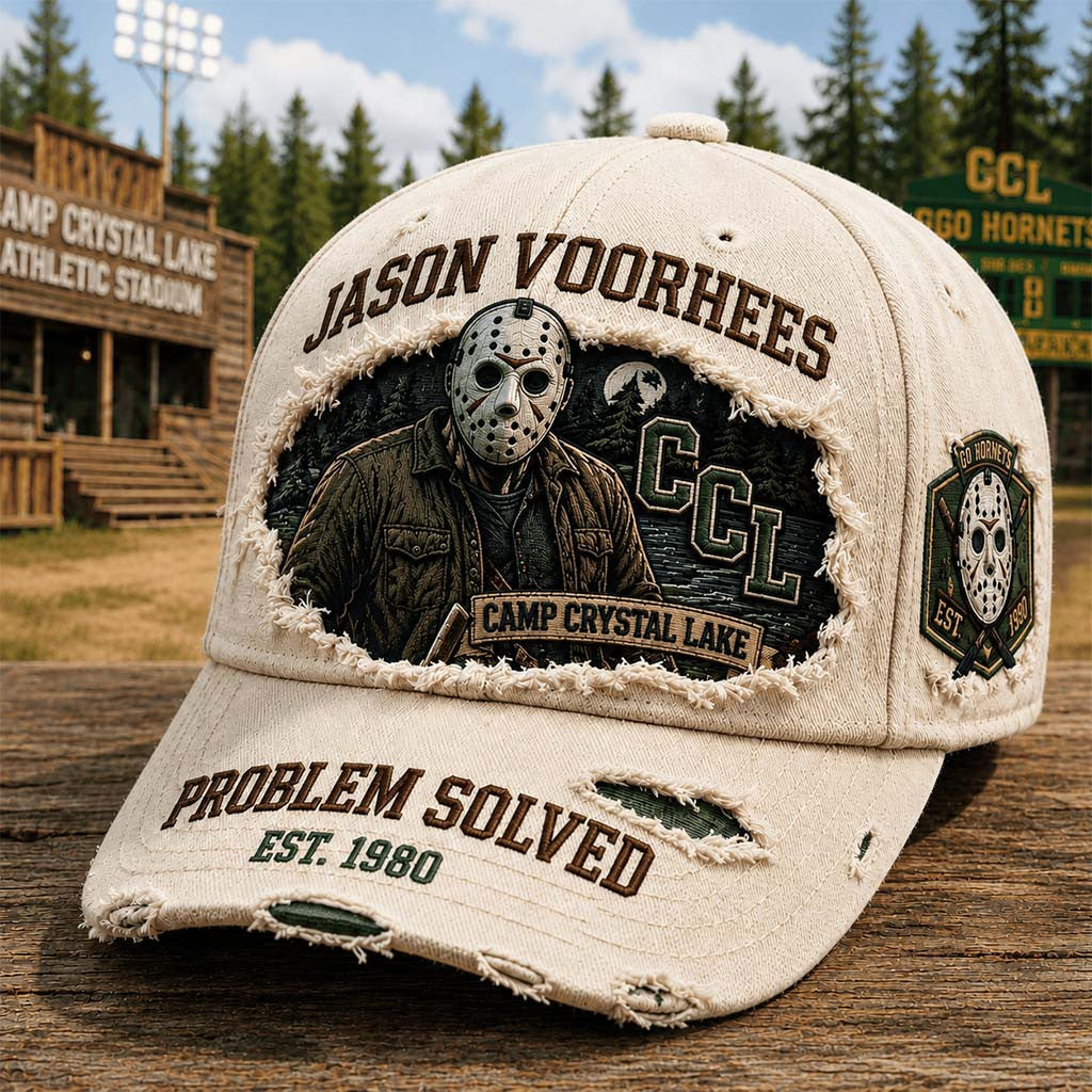 Friday the 13th Merch Jason Voorhees Camp Crystal Lake Hat Problem Solved Hat Horror Fan Gifts - Merchluma