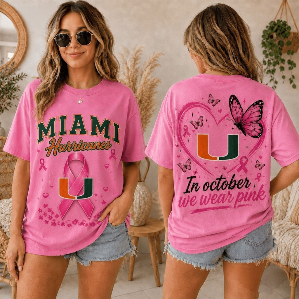 Miami Hurricanes 2026 Pink October Breast Cancer Awareness Pride T-Shirt Hurricanes Merch Gifts - Merchluma