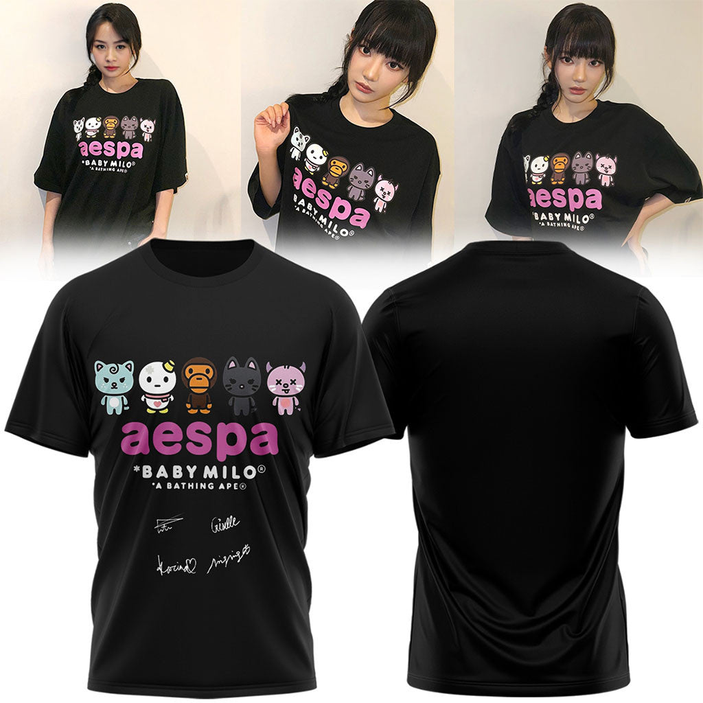 Aespa x Bape Signed 2026 T-Shirt Black Aespa Merch Birthday Gift For Sister - Merchluma