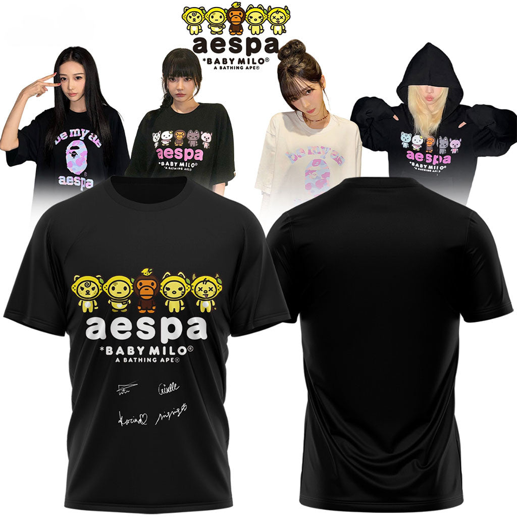 Aespa x Bape Signed 2026 T-Shirt Black Aespa Merch Gift Ideas For Girlfriend - Merchluma