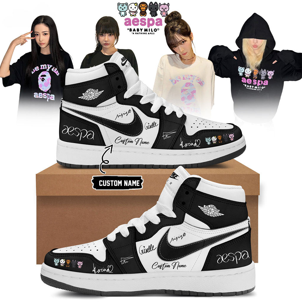 Custom Aespa x Bape Signed 2026 Sneakers Black Aespa Merch Birthday Gift Ideas For BFF - Merchluma