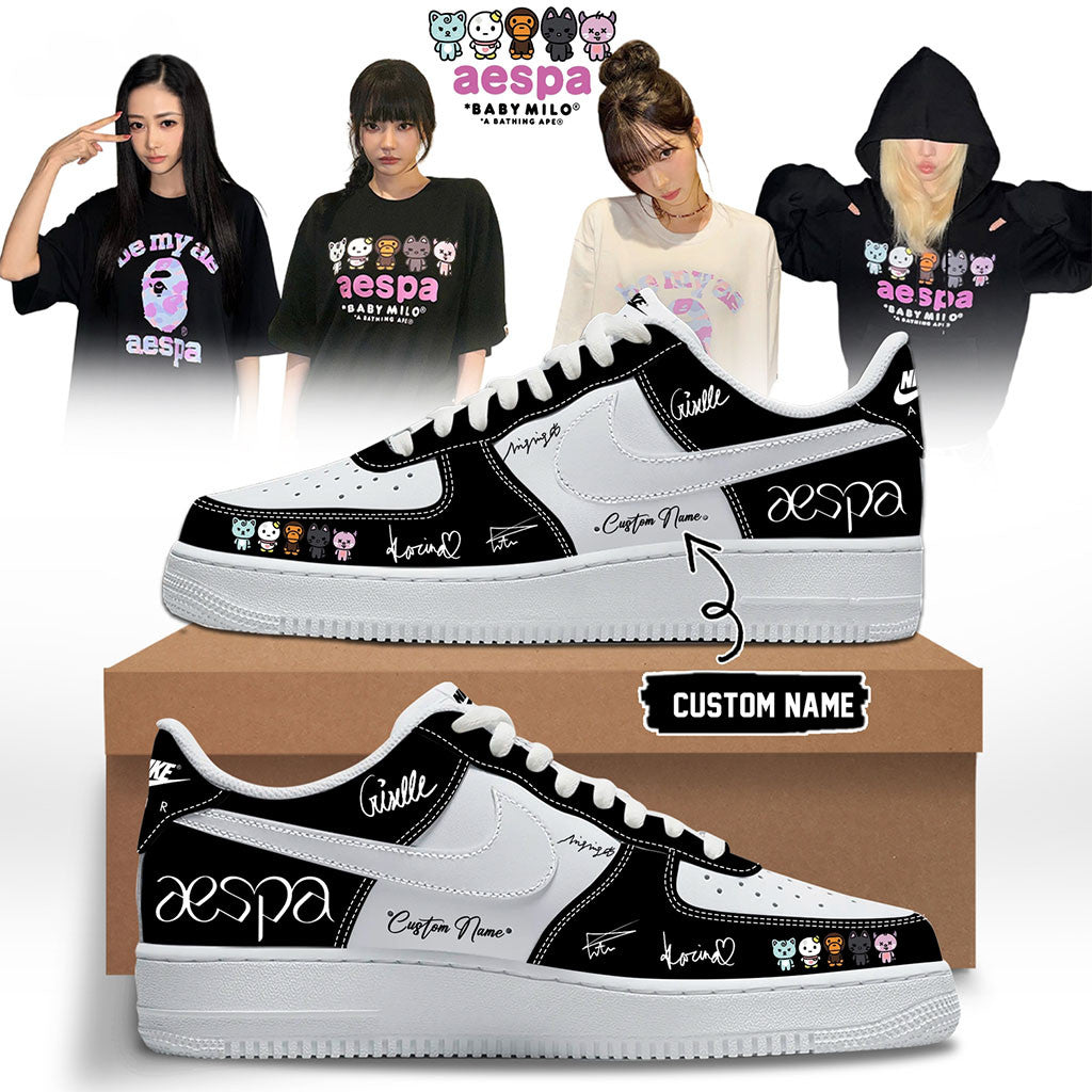 Custom Aespa x Bape Signed 2026 Sneakers Black Aespa Merch Gift Ideas For Fans - Merchluma