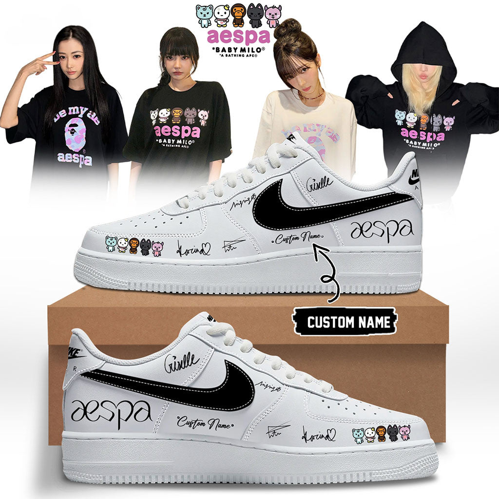 Custom Aespa x Bape Signed 2026 Sneakers White Aespa Merch Gift Ideas For Friends - Merchluma