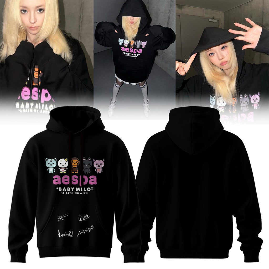 Aespa x Bape Signed 2026 Hoodie Black Aespa Merch Birthday Gift For BFF - Merchluma