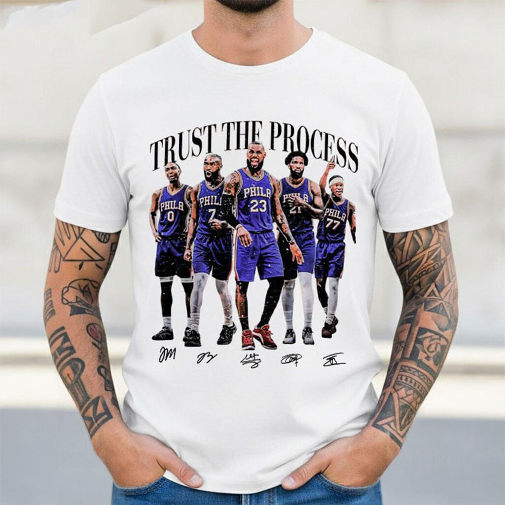 Trust The Process Embiid James Brown Maxey T-Shirt 76ers Merch Basketball Fan Gift - Merchluma