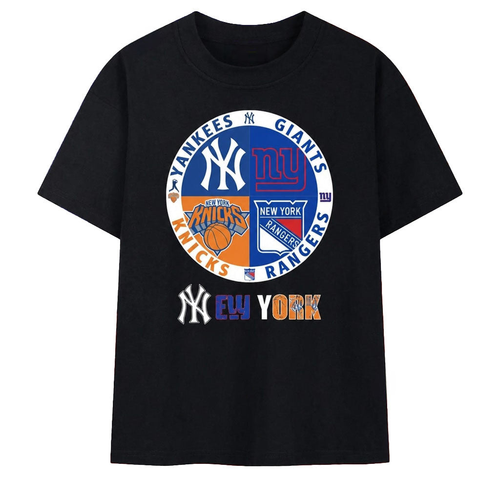 New York Yankees Giants Knicks Rangers Four Teams Circle Logo T-Shirt Gifts For Fans - Merchluma