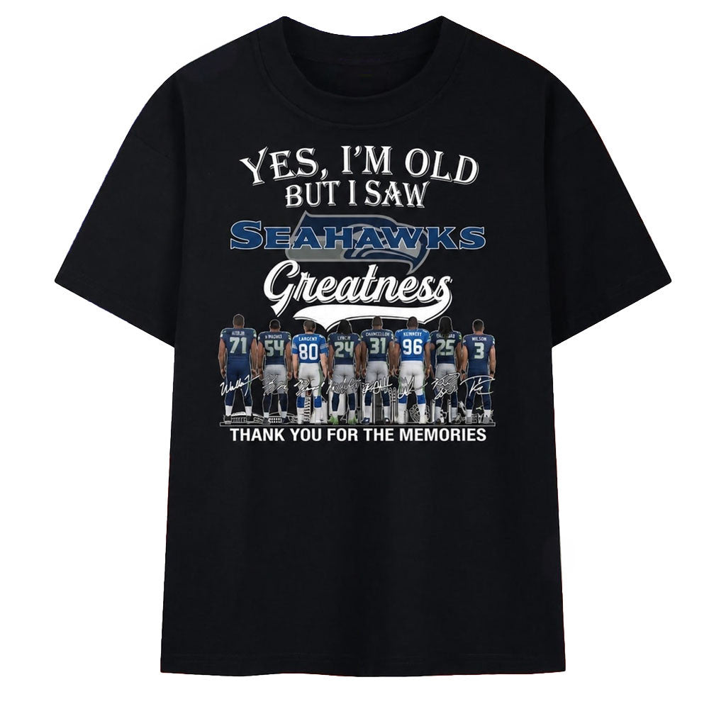 Seattle Seahawks Greatness Legends Signatures Thanks You For The Memories T-Shirt Seahawks Merch - Merchluma