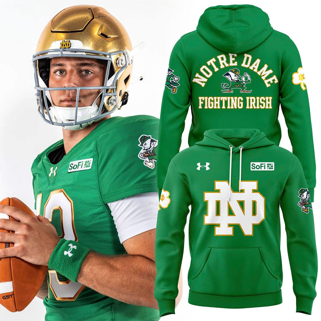 Notre Dame Fighting Irish Green Football Hoodie Fighting Irish Merch Football Lovers Gifts - Merchluma