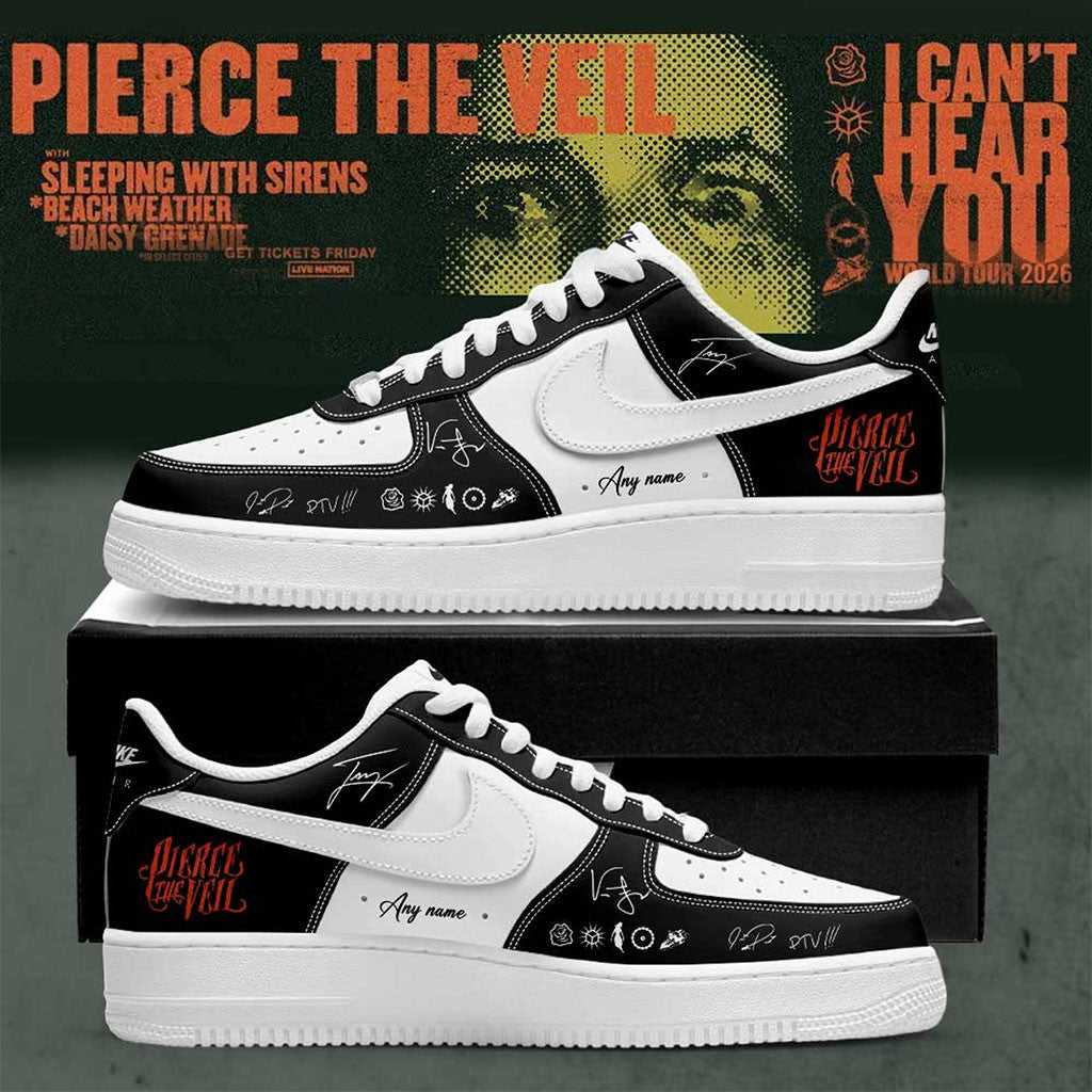Custom Pierce The Veil Merch I Can't Hear You World Tour 2026 Signature Shoes Black White - Merchluma