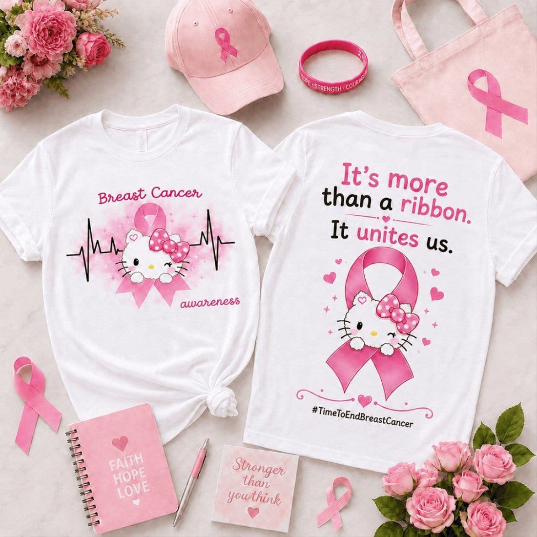 Hello Kitty Together in Pink Breast Cancer Awareness Shirt Heartbeat And Unity T-Shirt Women - Merchluma