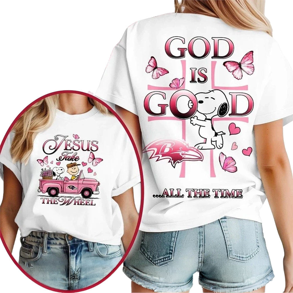 Baltimore Ravens Snoopy Jesus Take The Wheel God Is Good All The Time Shirt Ravens Merch Gifts - Merchluma