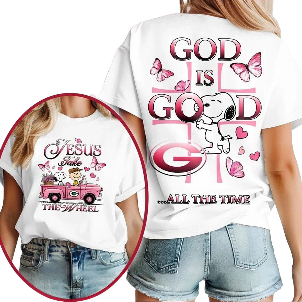 Green Bay Packers Snoopy Jesus Take The Wheel God Is Good Shirt Packers Merch Religious Gifts - Merchluma