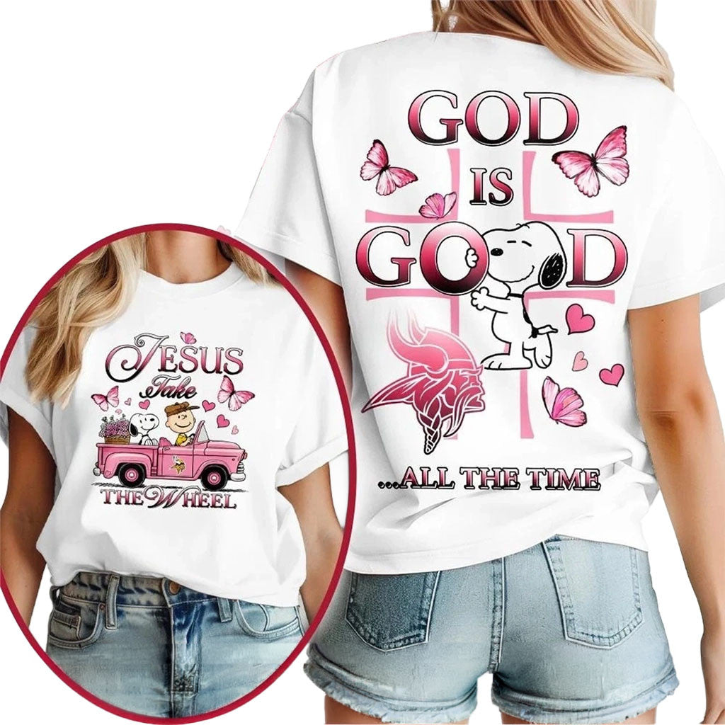 Minnesota Vikings Snoopy Jesus Take The Wheel God Is Good Shirt MN Vikings Merch Fan Gifts - Merchluma