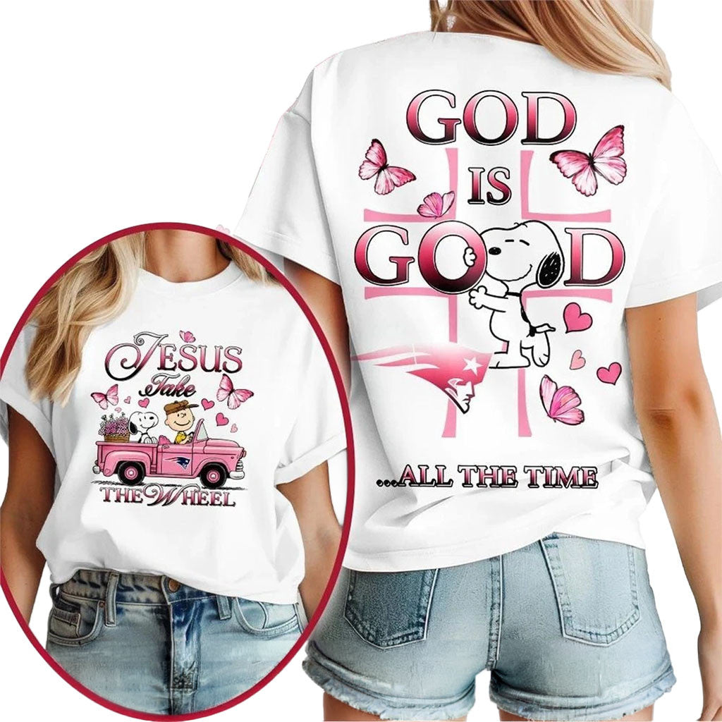New England Patriots Snoopy Jesus Take The Wheel God Is Good Shirt NE Patriots Merch Fan Gifts - Merchluma