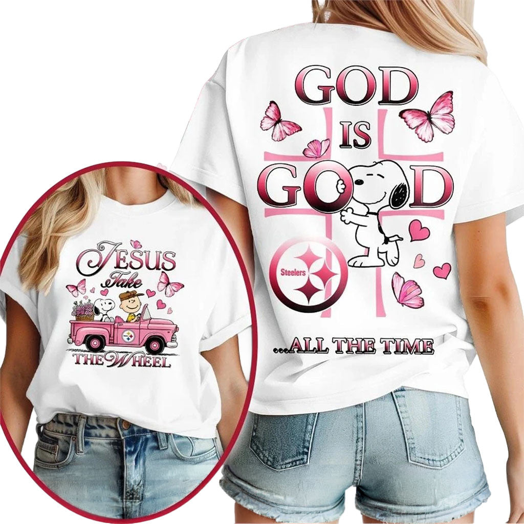 Pittsburgh Steelers Snoopy Jesus Take The Wheel God Is Good Shirt Steelers Merch Game Day Gifts - Merchluma