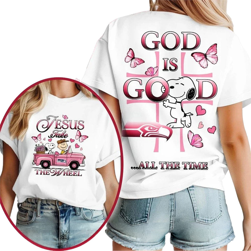 Seattle Seahawks Snoopy Jesus Take The Wheel God Is Good Shirt Seahawks Merch Christian Gifts - Merchluma