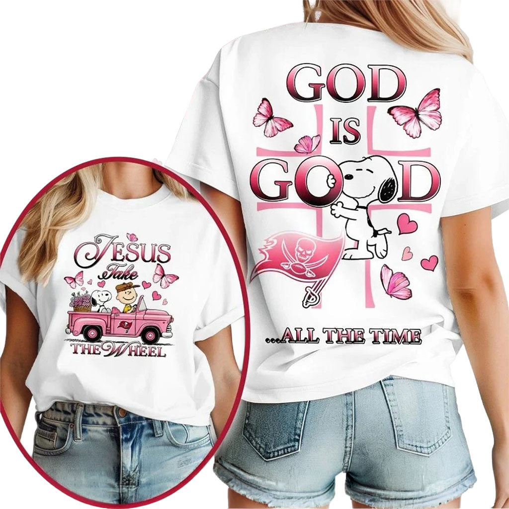 Tampa Bay Buccaneers Snoopy Jesus Take The Wheel God Is Good Shirt Buccaneers Merch Gifts - Merchluma