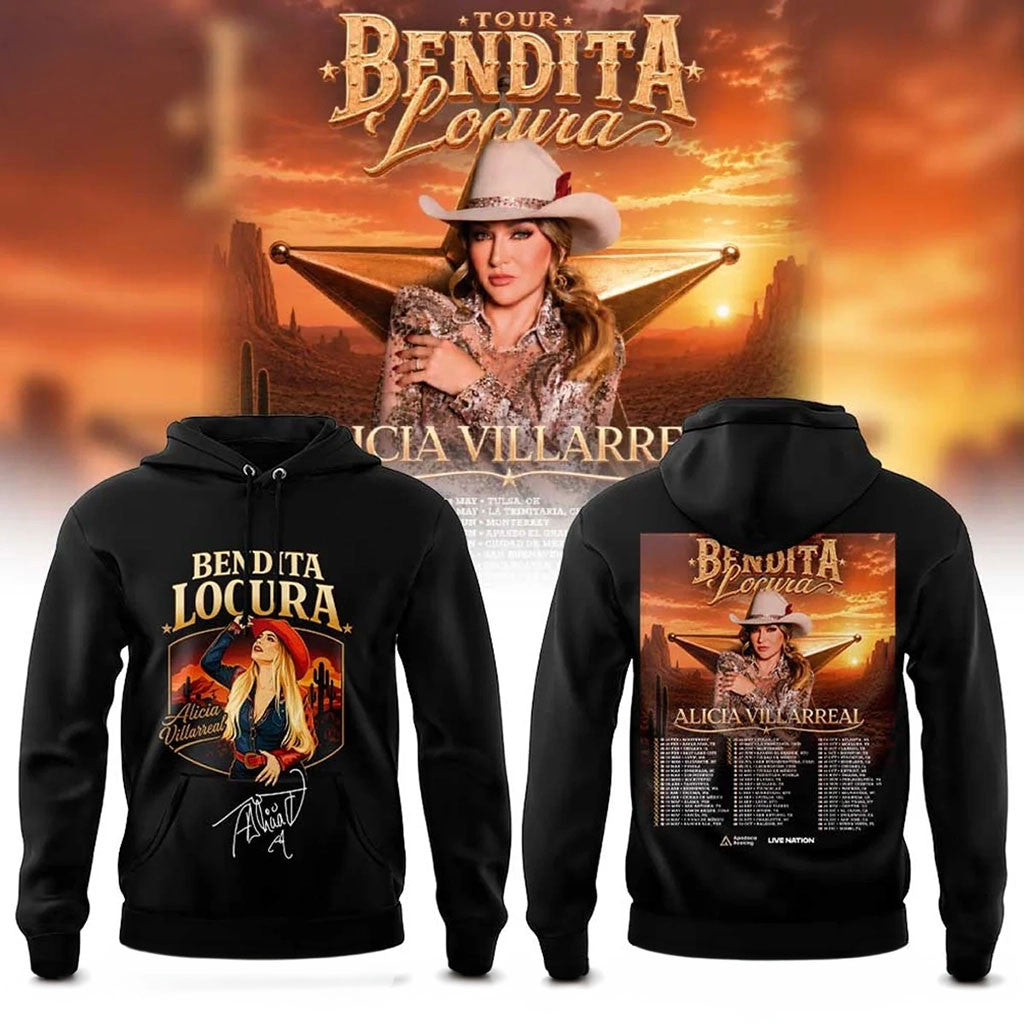 Alicia Villarreal Bendita Locura Tour 2026 Hoodie Black Alicia Villarreal Merch Signed - Merchluma