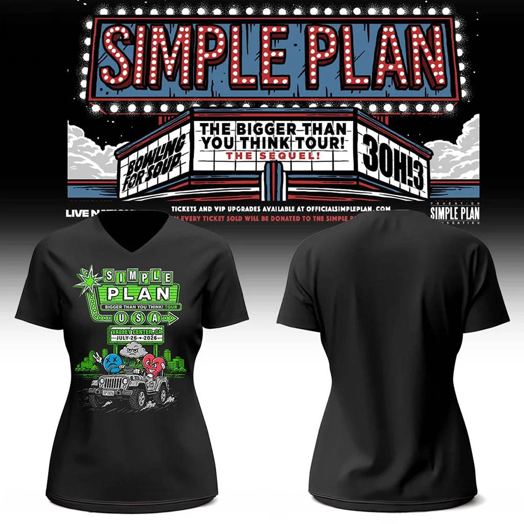 Simple Plan Bigger Than You Think Tour In Valley Center CA V-Neck Shirt Simple Plan Merch Womens - Merchluma