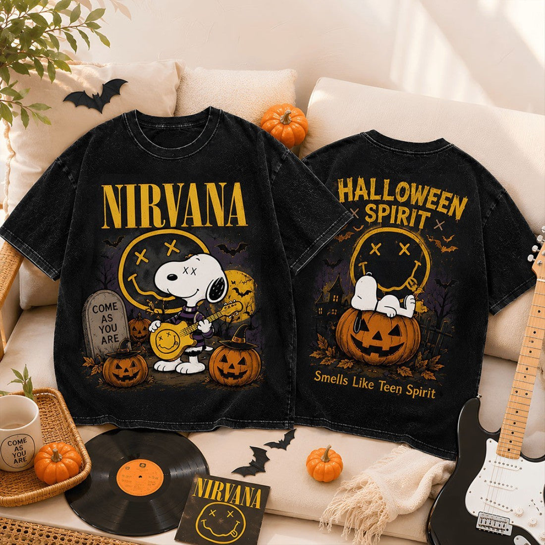 Nirvana Snoopy Halloween Smells Like Teen Spirit Wash T-Shirt Nirvana Merch Gifts For Rock Fan - Merchluma