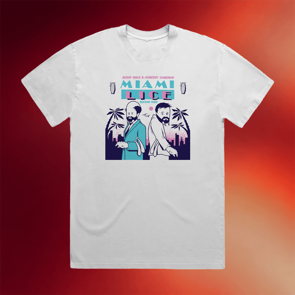 Rhymesayers Merch 2026 Lice Aesop Rock And Homeboy Sandman Miami Lice T-Shirt White Dad Gifts - Merchluma