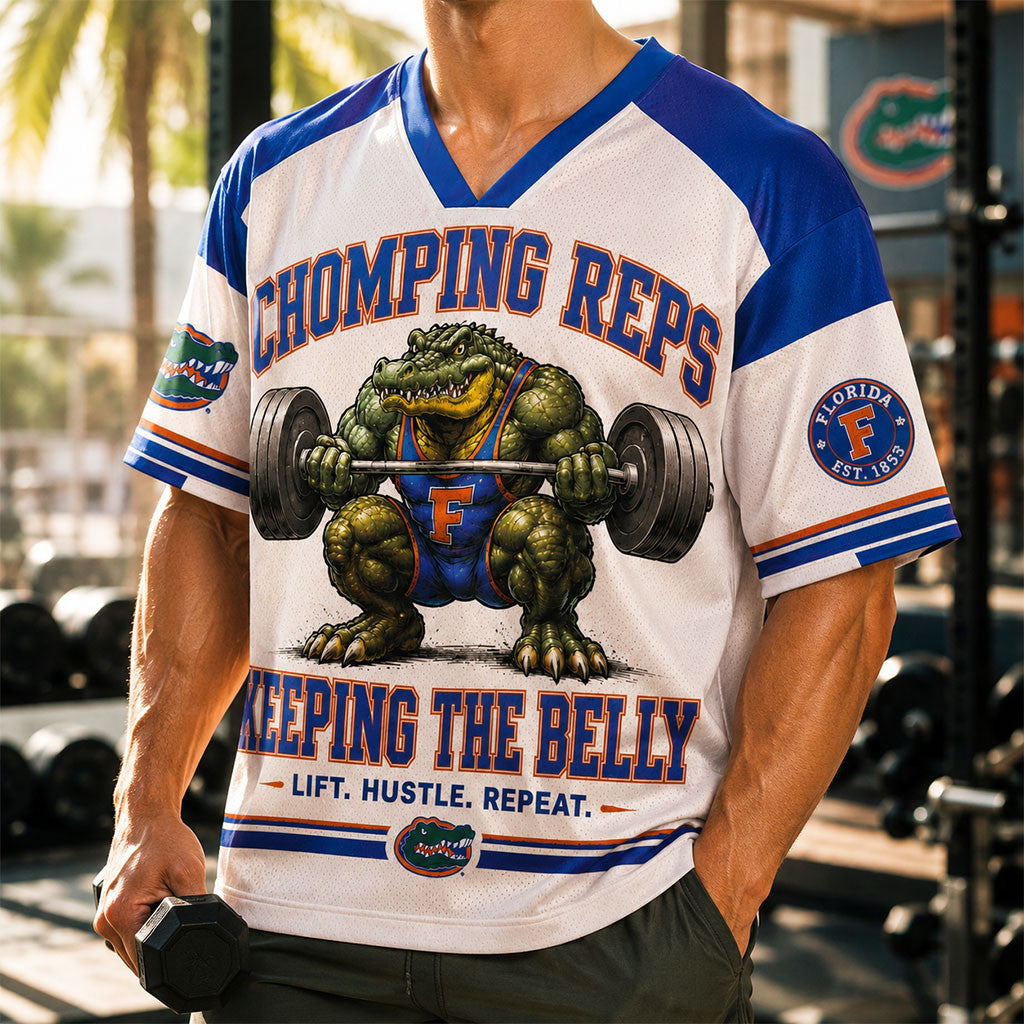 Florida Gators Merch 2026 Chomping Reps Keeping The Belly V-Neck Jersey Gifts For Fitness Guys - Merchluma