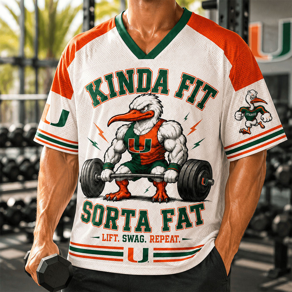 Miami Hurricanes Merch 2026 Kinda Fit Sorta Fat V-Neck Jersey Lift Swag Repeat Shirt Fan Gifts - Merchluma