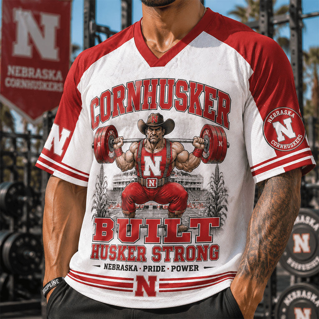 Nebraska Cornhuskers Merch 2026 Cornhuskers Built Husker Strong V-Neck Jersey Workout Gifts - Merchluma