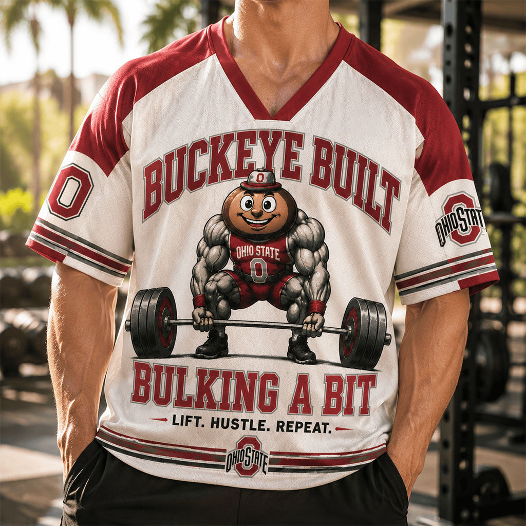 Ohio State Buckeyes Merch 2026 Buckeye Built Bulking A Bit V-Neck Jersey Lift Hustle Repeat - Merchluma