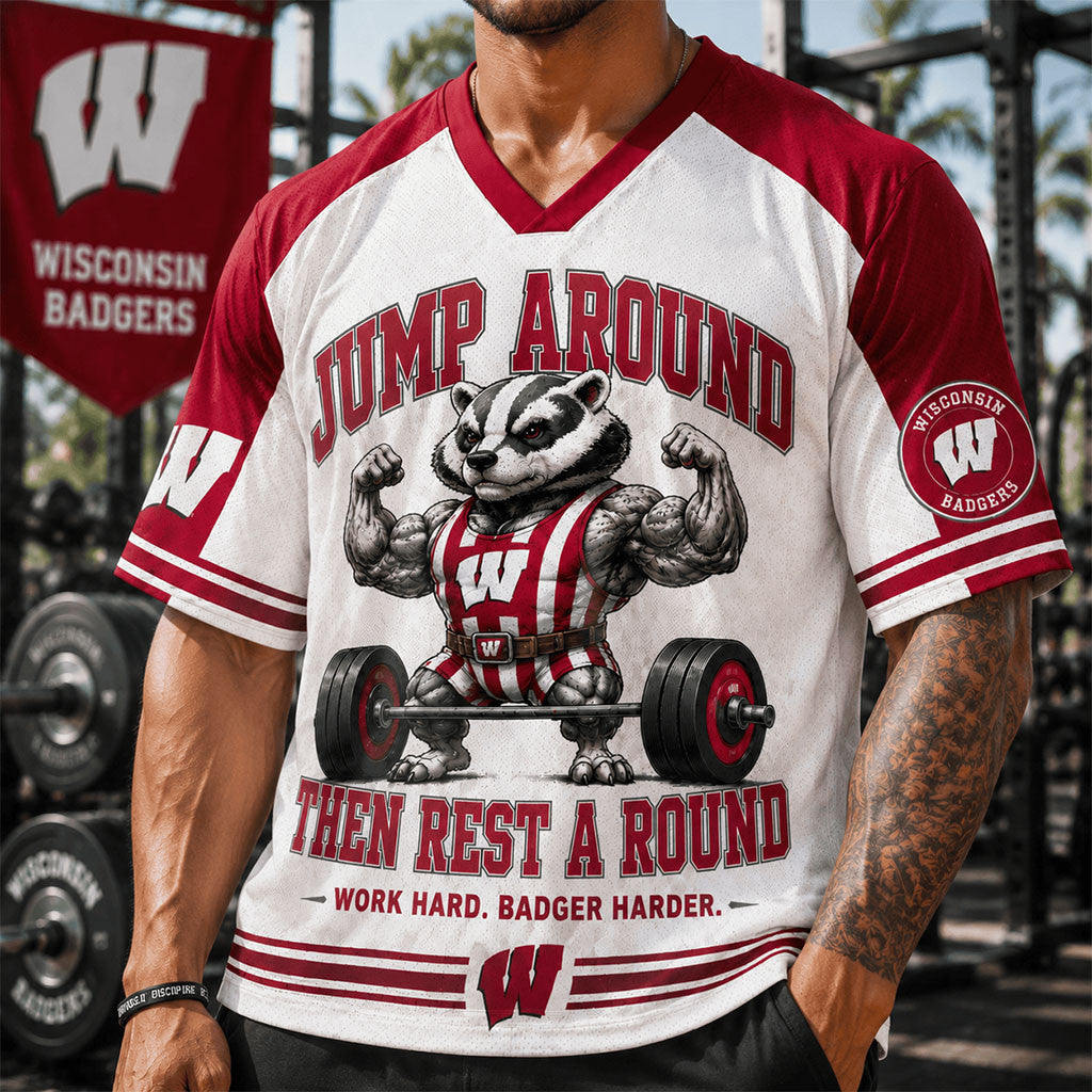 Wisconsin Badgers Merch 2026 Jump Around Then Rest A Round V-Neck Jersey Gym Gift Ideas - Merchluma