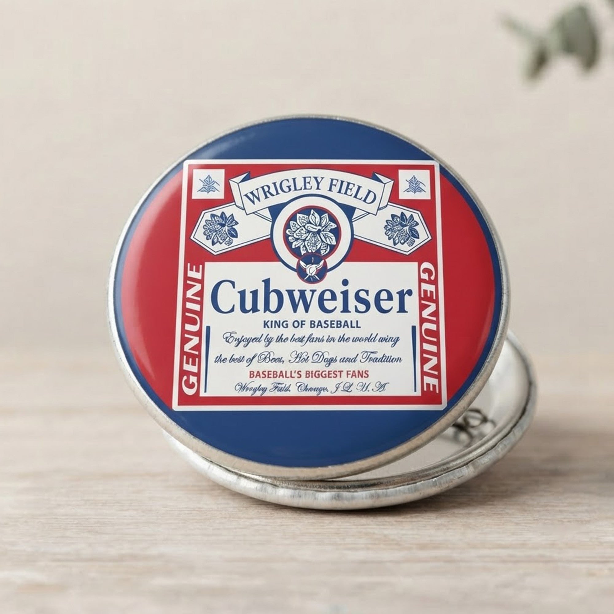 Wrigley Field Cubweiser King Of Baseball Button Pin Cubs x Budweiser Merch Gifts For Fan - Merchluma
