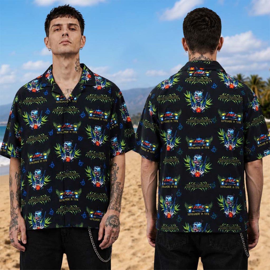 Iron Maiden Merch Summer 2026 Collection Eddie Tropical Somewhere in Time Hawaiian Shirt - Merchluma