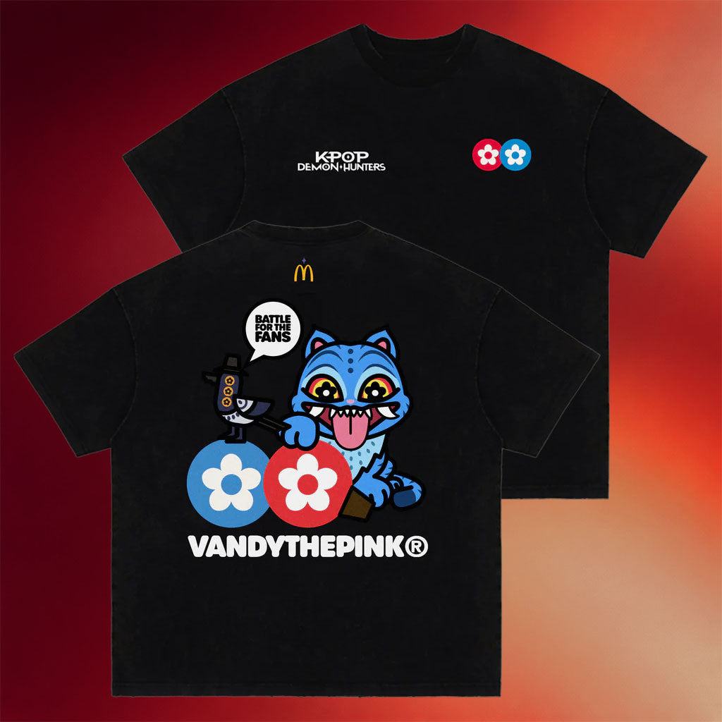 KPop Demon Hunters X McDonald's X VANDYTHEPINK Merch 2026 Flower Logo Derpy T-Shirt Black - Merchluma