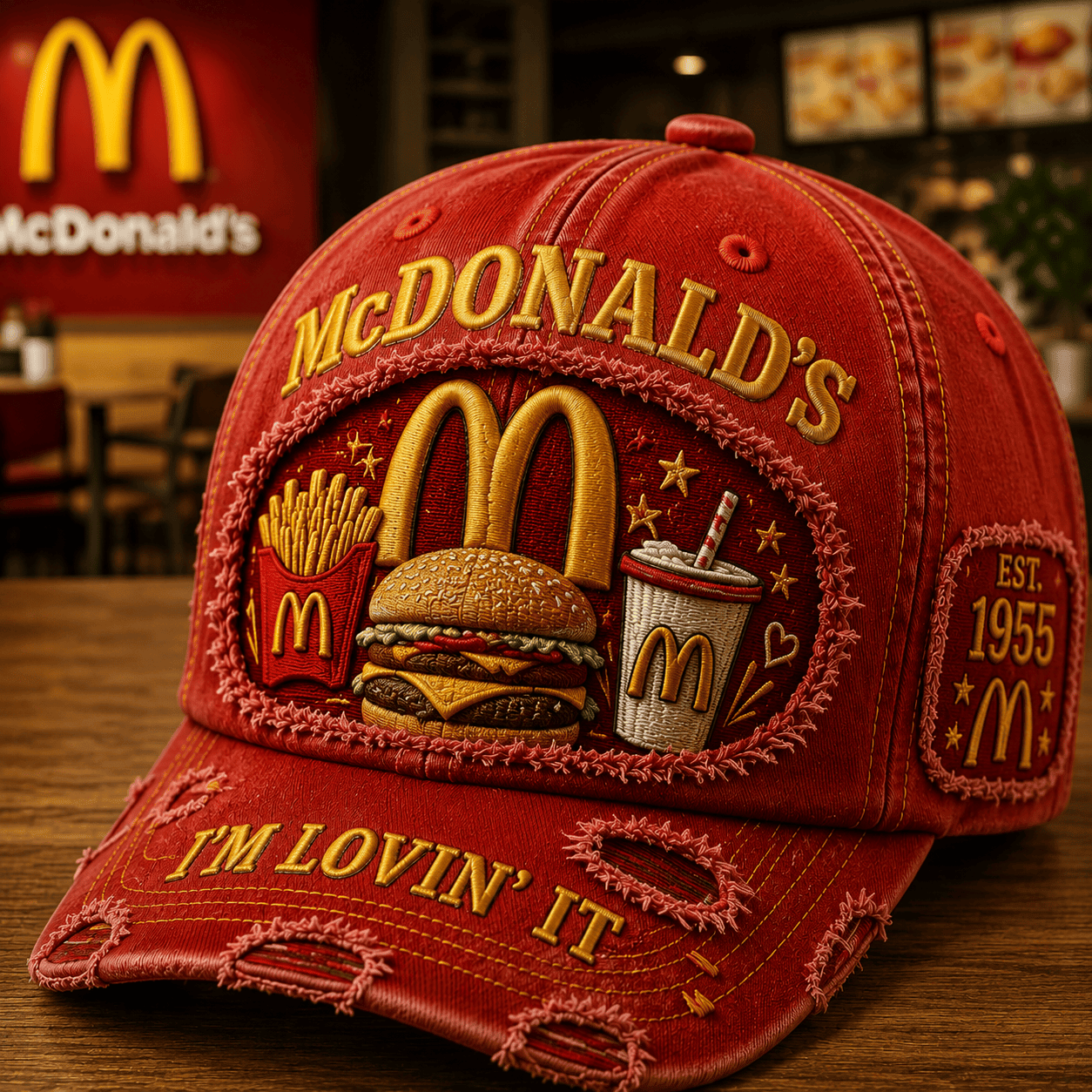 McDonald's I'm Lovin It Distressed Hat Fast Food Lover Cap McDonalds Merch Gifts For Son - Merchluma