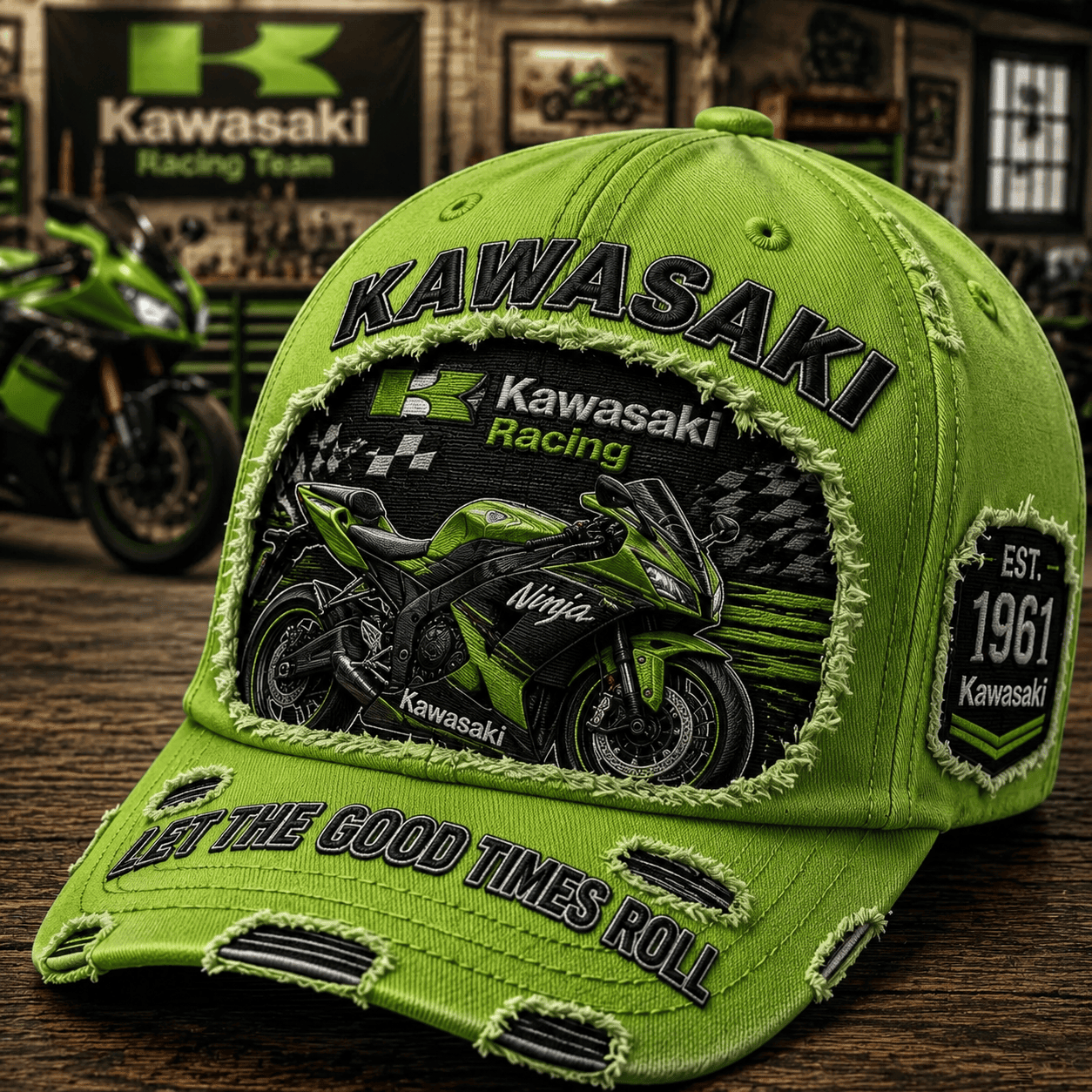 Kawasaki Racing Hat Let The Good Times Roll Hat Kawasaki Merch Gift For Motorcycle Fans - Merchluma