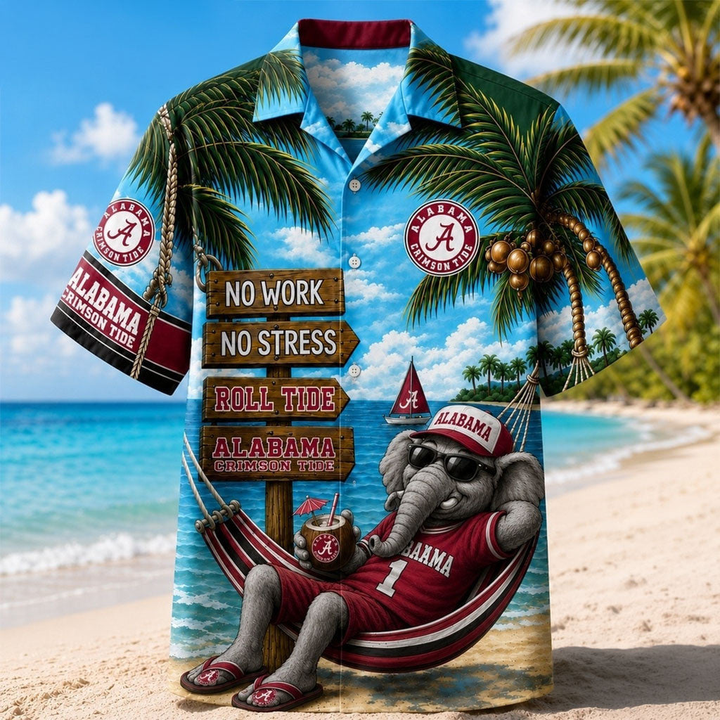 Alabama Crimson Tide No Work No Stress Hawaiian Shirt Alabama Crimson Tide Merch For Summer - Merchluma