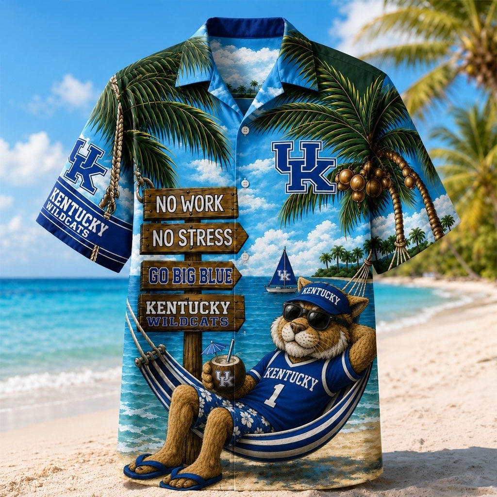 Kentucky Wildcats No Work No Stress Hawaiian Shirt Go Big Blue Kentucky Wildcats Merch 2026 - Merchluma
