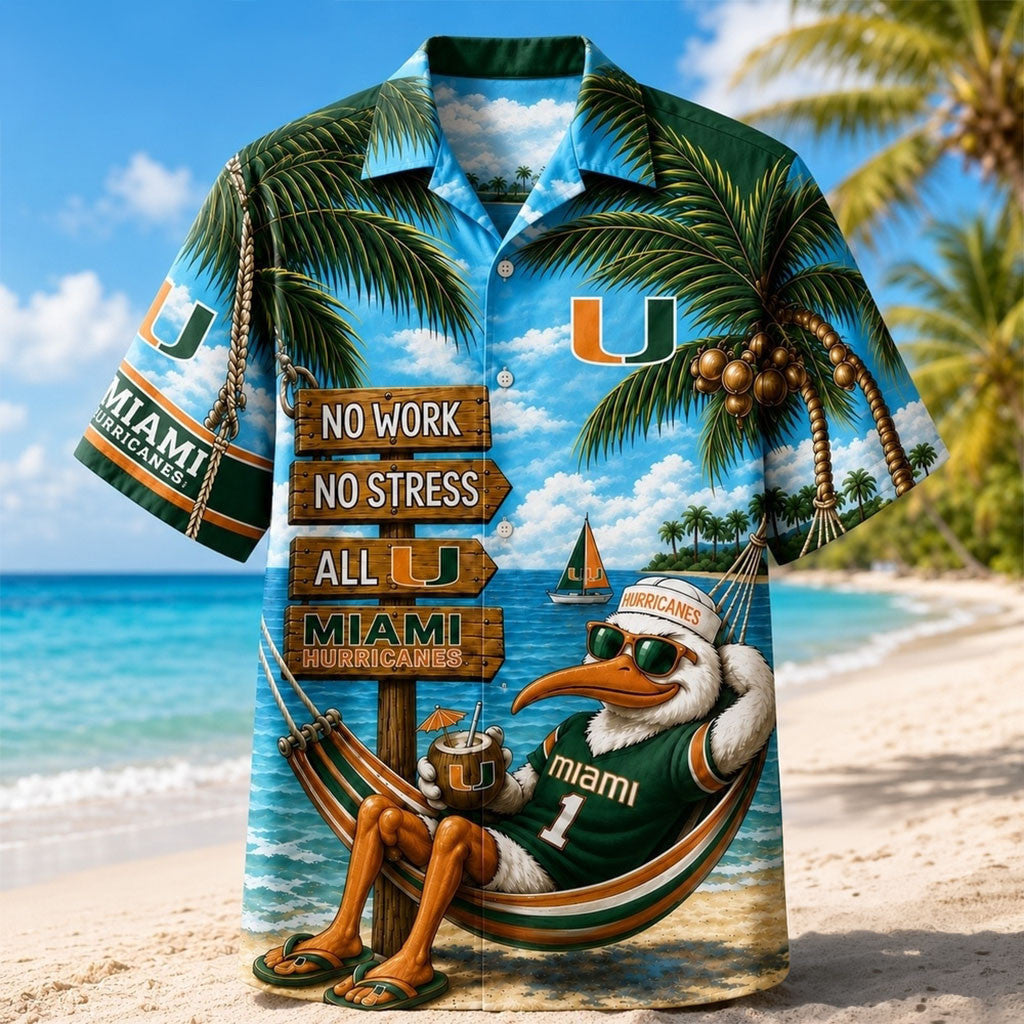 Miami Hurricanes No Work No Stress Hawaiian Shirt Miami Hurricanes Merch Present For Fans - Merchluma