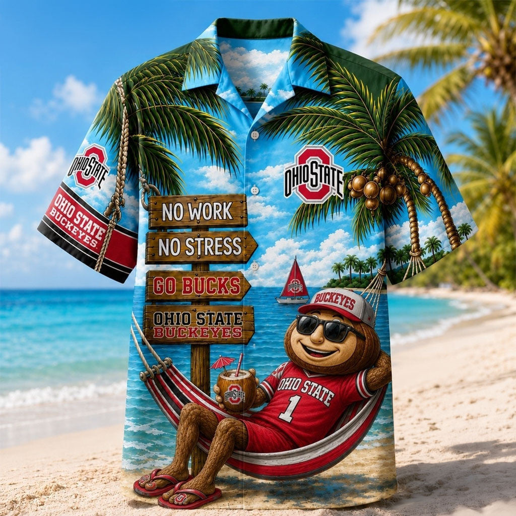 Ohio State Buckeyes No Work No Stress Hawaiian Shirt Buckeyes Merch Summer Outfits - Merchluma