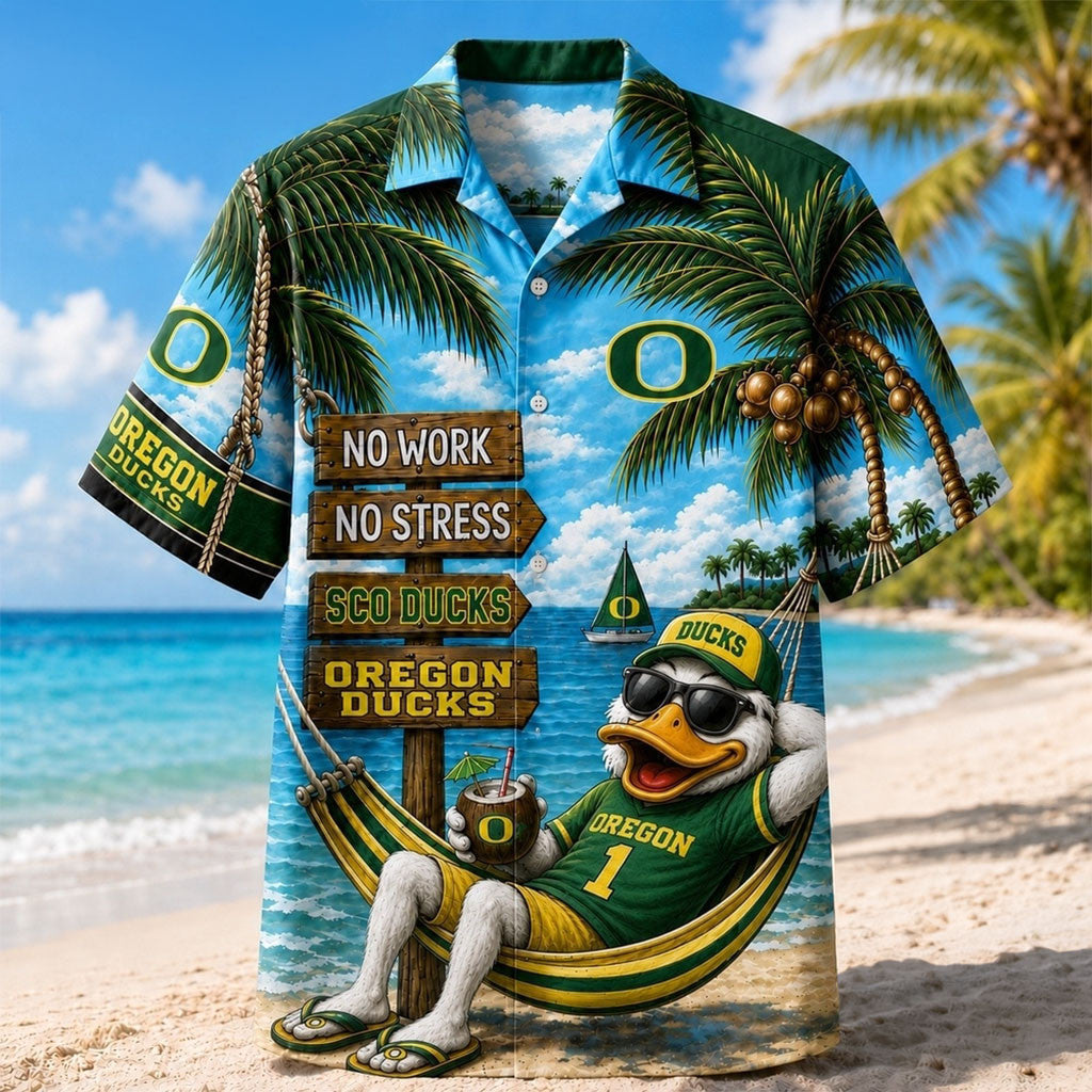 Oregon Ducks No Work No Stress Hawaiian Shirt Summer Outfits Oregon Ducks Merch Fan Gifts - Merchluma