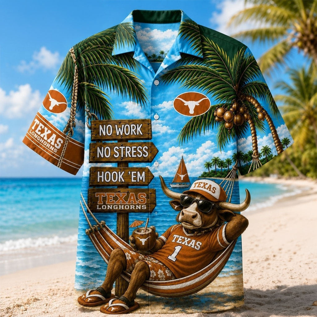 Texas Longhorns No Work No Stress Hawaiian Shirt Summer Outfits Texas Longhorns Merch Fan Gifts - Merchluma