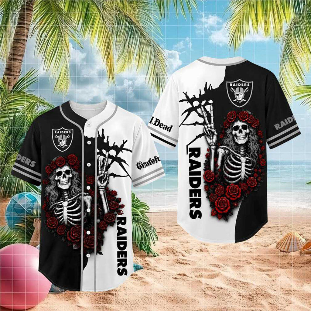 LV Raiders Skeleton Grateful Roses Baseball Jersey Raiders Merch Best Gift For Fans - Merchluma