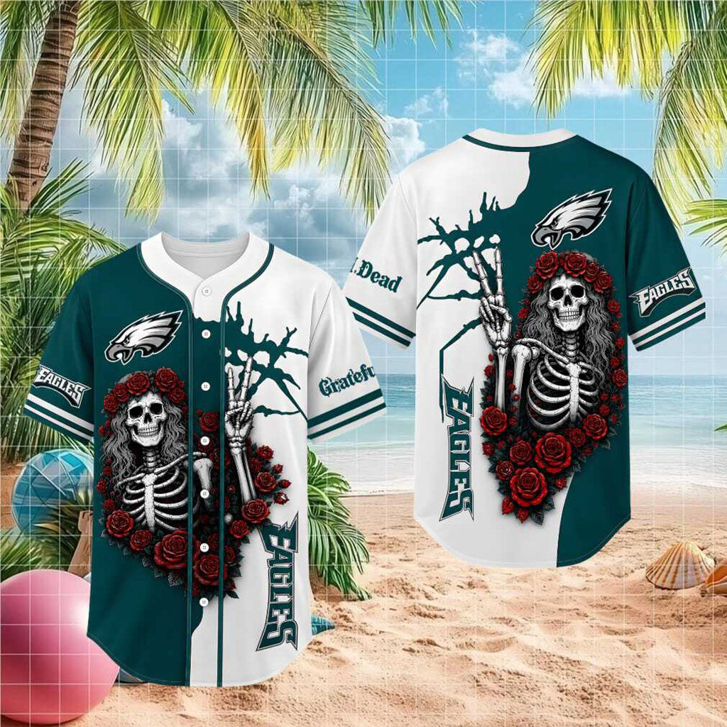 Philadelphia Eagles Grateful Dead Skull Rose Baseball Jersey Philadelphia Eagles Merch Gifts - Merchluma