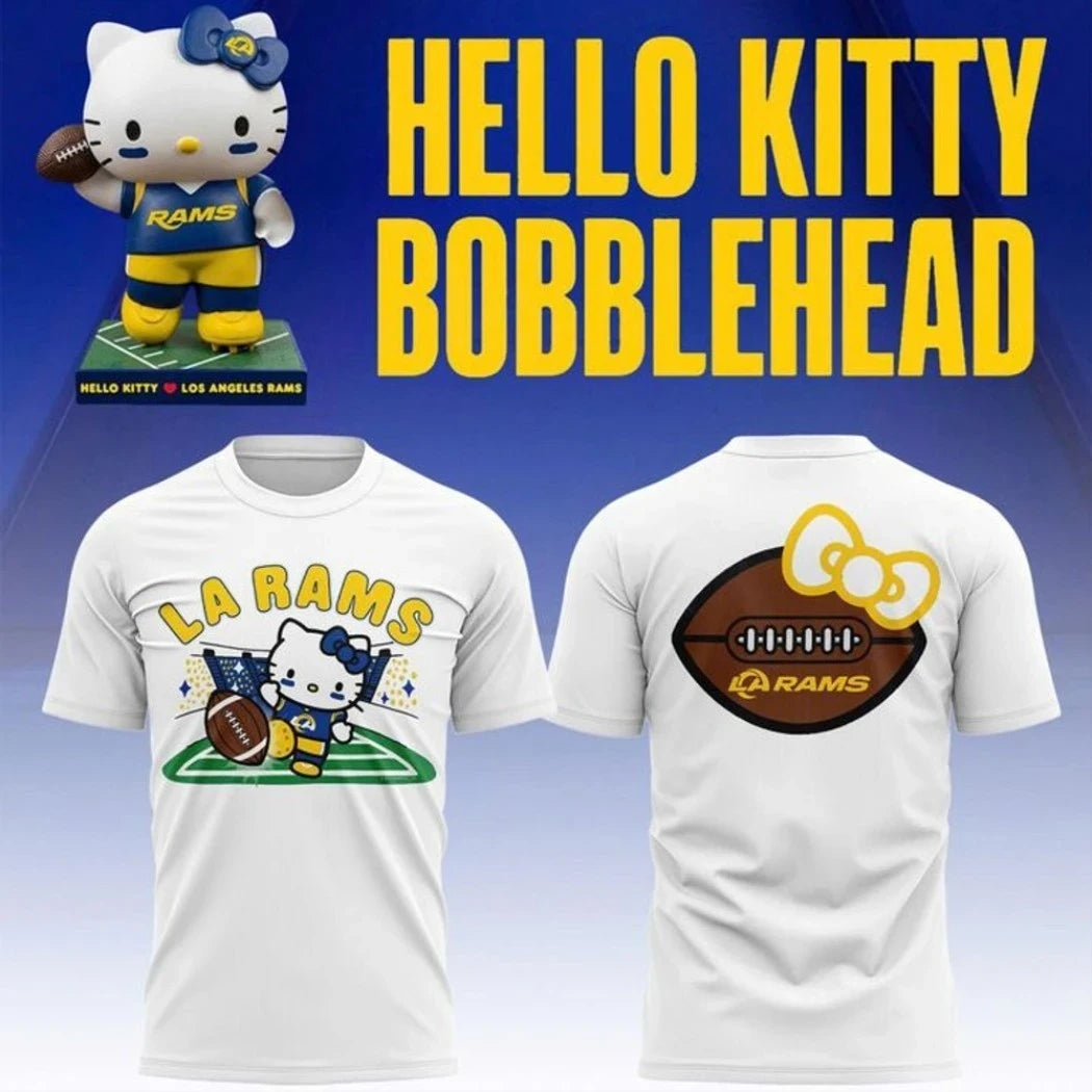 Los Angeles Rams Hello Kitty Bobblehead White T-Shirt Sanrio Shirt LA Football Merch - Merchluma