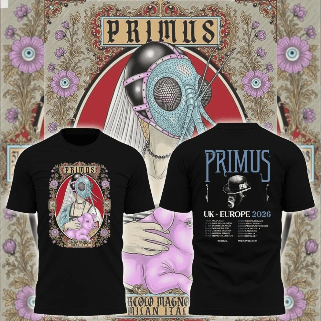 Primus UK Europe Tour 2026 Black T-Shirt Vintage Alternative Metal Band Concert Tee Primus Merch - Merchluma
