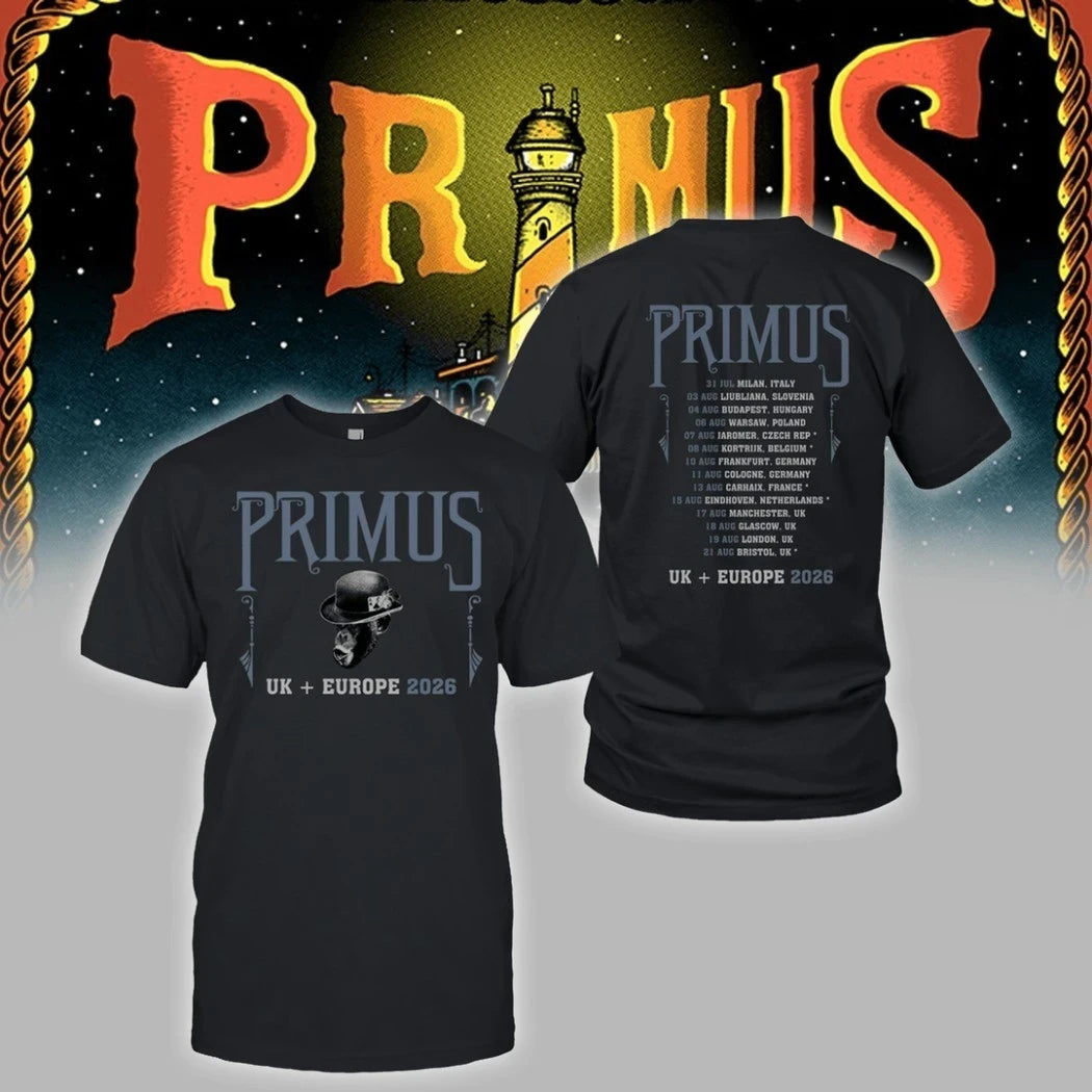 Primus UK Europe Tour 2026 Black T-Shirt Vintage Lighthouse Rock Concert Tee Primus Merch Gifts - Merchluma