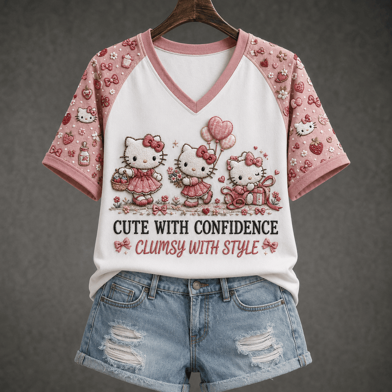 Hello Kitty Cute With Confidence V-Neck Shirt Clumsy With Style Lovely Clothing Gift For Her - Merchluma
