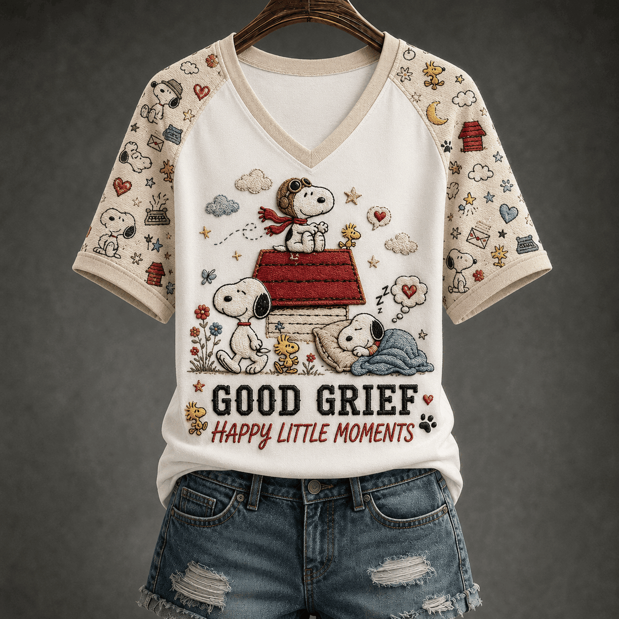Snoopy Good Grief Happy Little Moments V-Neck Shirt Cute Cartoon Character Apparel Women's - Merchluma