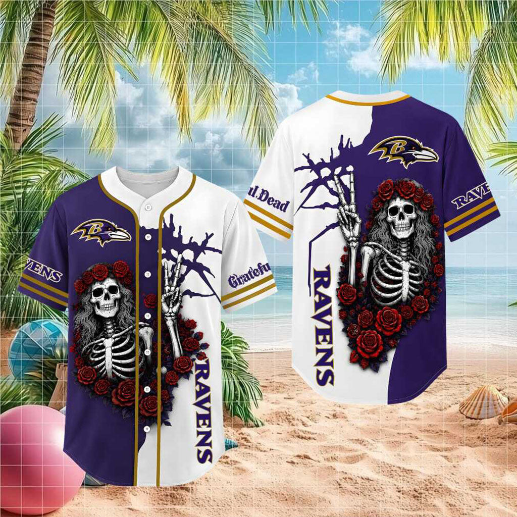 Baltimore Ravens Grateful Dead Skull Rose Baseball Jersey Baltimore Ravens Merch Gifts For Fans - Merchluma