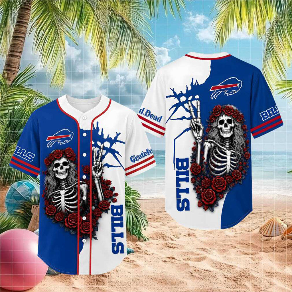 Buffalo Bills Grateful Dead Skull Rose Baseball Jersey Buffalo Bills Merch Gifts For Fans - Merchluma